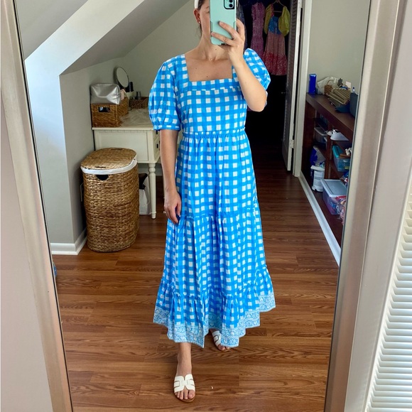 SOLD SZ Blockprints Tuckernuck Divya Cotton Midi Puff Sleeve Dress Gingham Blue - Picture 7 of 14
